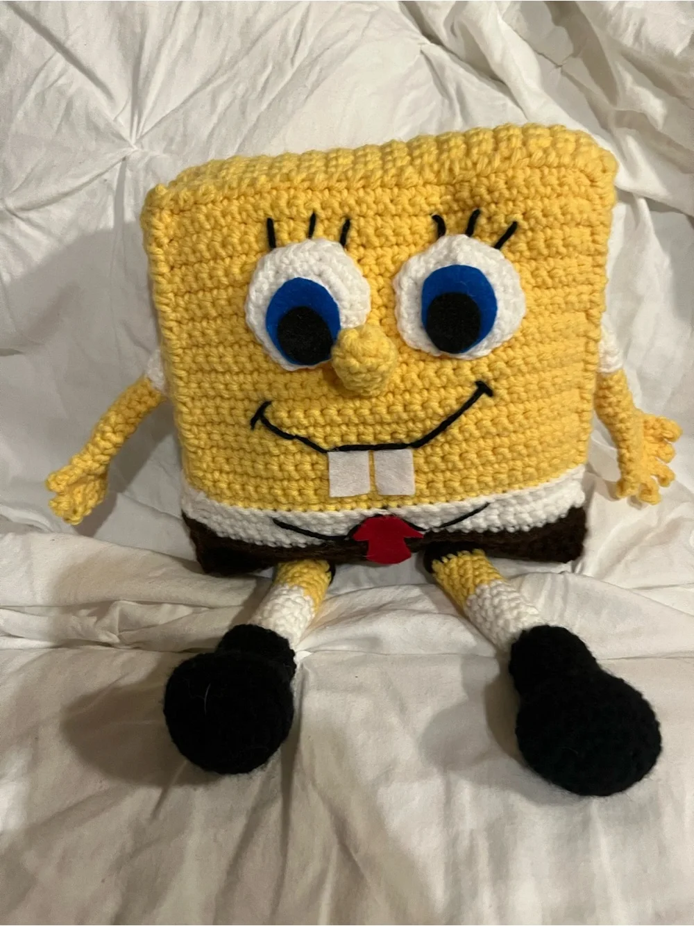 Handmade Yellow Character Crochet Plush Toy with Red Tie Sponge Bob